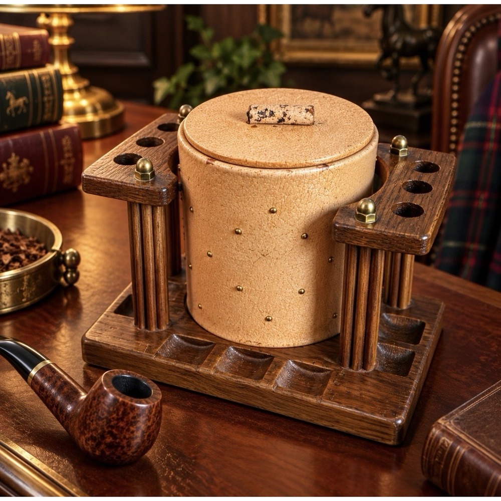 Vintage Wood 6-Pipe Stand with Leather Tobacco Humidor Glass Liner Gentleman